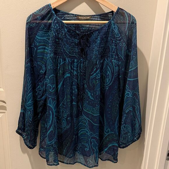 Tommy Bahama Teal and Navy Silk Paisley Blouse size medium - Picture 1 of 8
